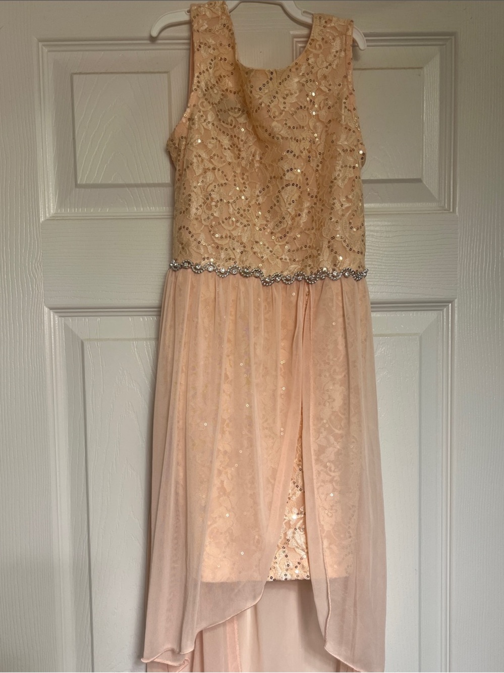 Sleeveless Peach Sequin & Lace High-Low Girls' Formal Dress